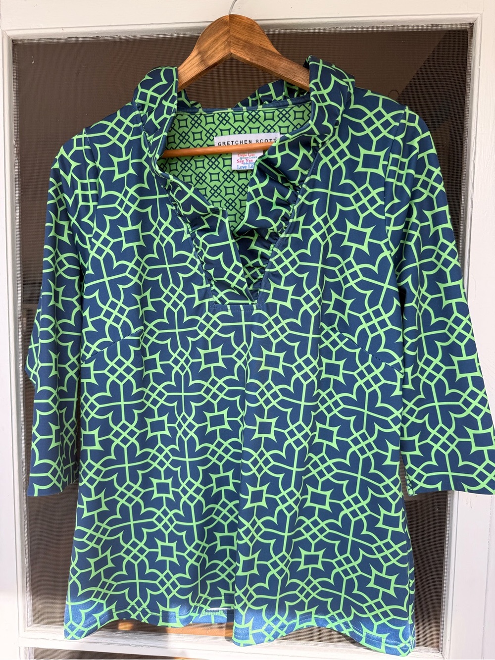 Gretchen Scott Designs Navy and Green Geometric Ruffle V-Neck Tunic